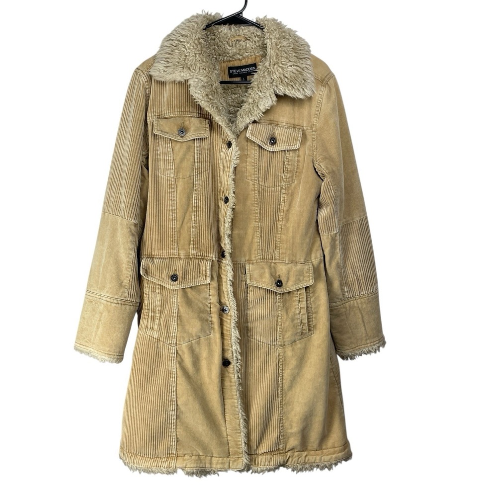Steve Madden Beige Corduroy Pea Coat with Faux Fur